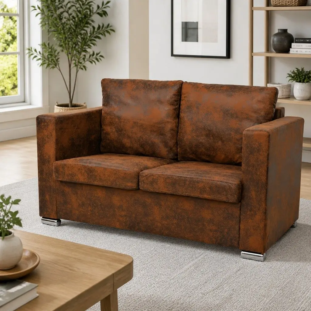 2-Seater Sofa Modern Living Room Furniture Brown Artificial Suede