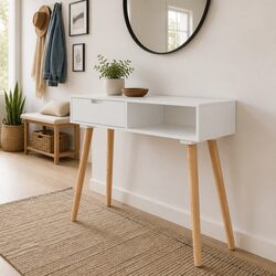 White Console Table Solid Pinewood End Table with Drawer Storage Display Stand