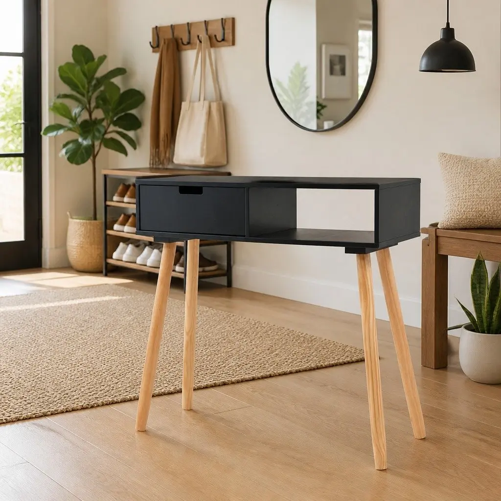 Console Table Black Solid Pinewood Accent End Table 80 x 30 x 72 cm