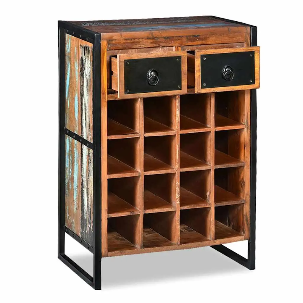 Wine Rack 16 Bottle Storage Cabinet Industrial Style Reclaimed Wood Brown