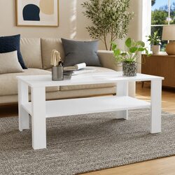 White Coffee Table with Storage Shelf Modern Two-Tier Design Living Room Accent