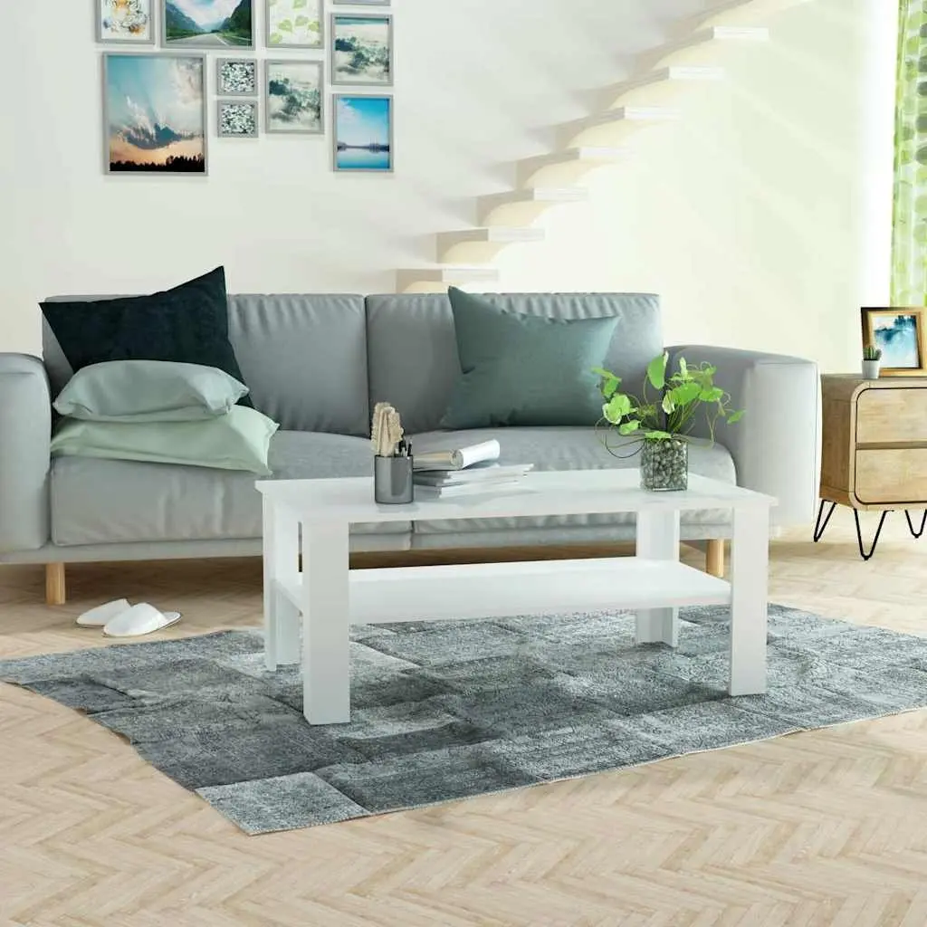 White Coffee Table with Storage Shelf Modern Two-Tier Design Living Room Accent