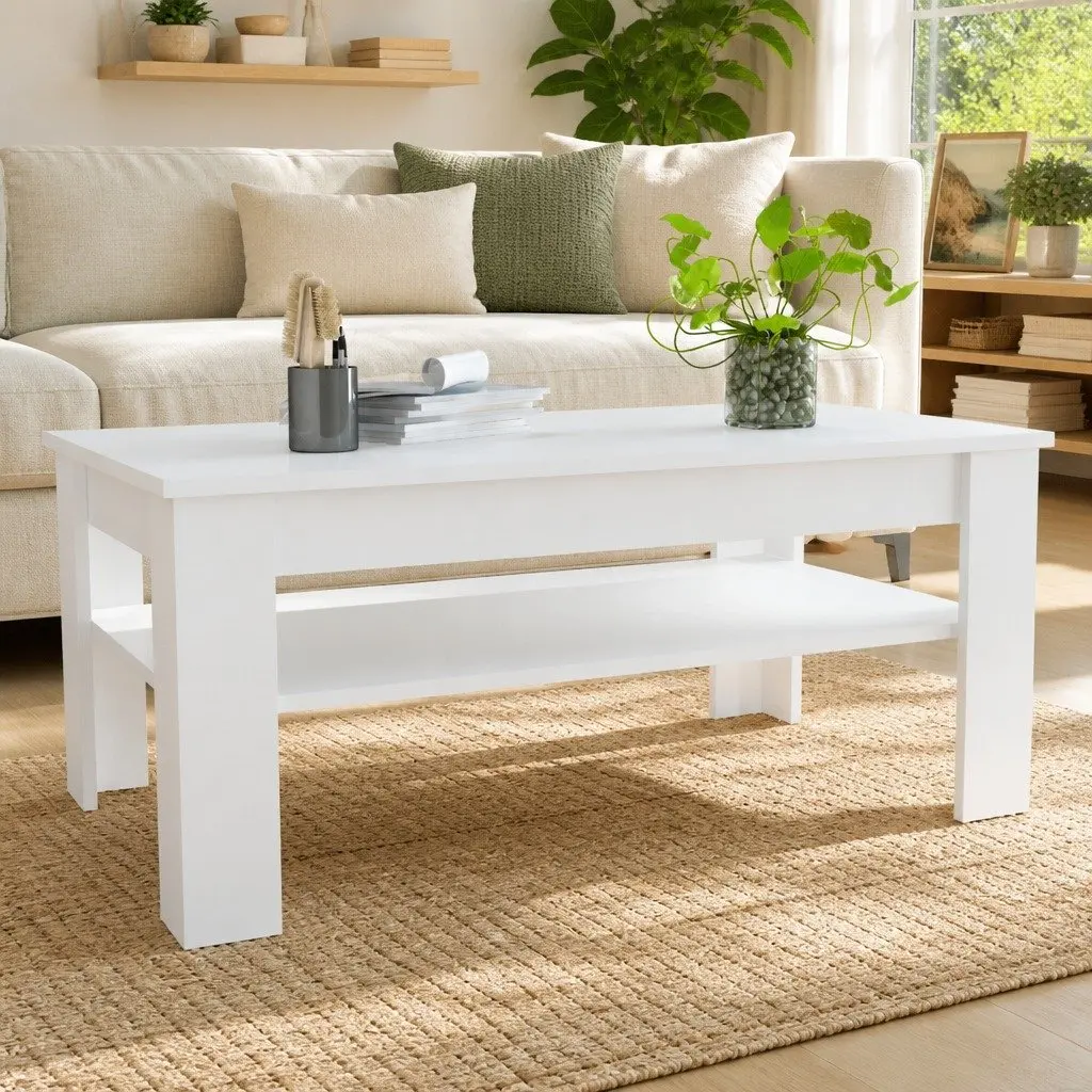 White Coffee Table with Storage Drawer Lower Shelf Modern Design Living Room