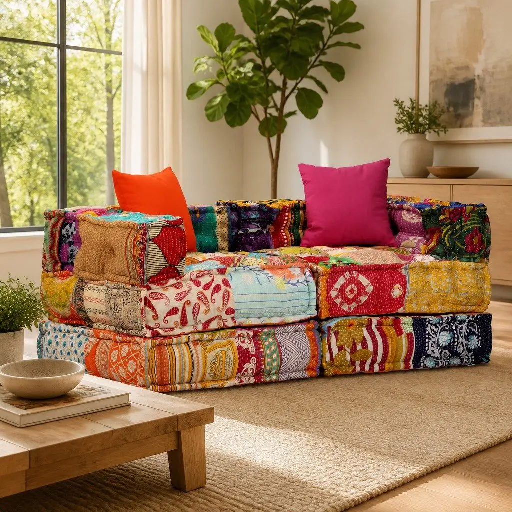 Modular Pouffe Sofa Bed Convertible Couch 2-Seater Multicolour Patchwork Fabric