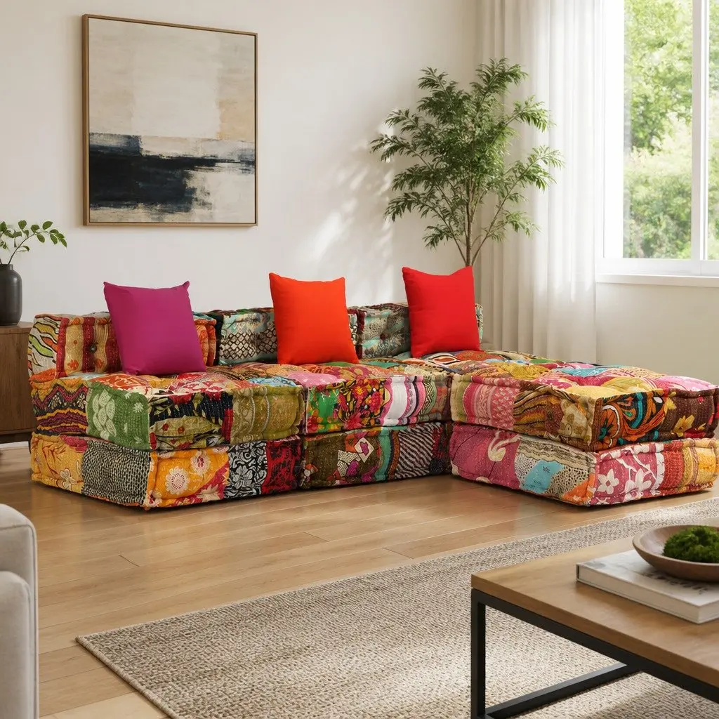 Modular Pouffe Sofa Bed Lounger 3-Seater Multicolour Patchwork