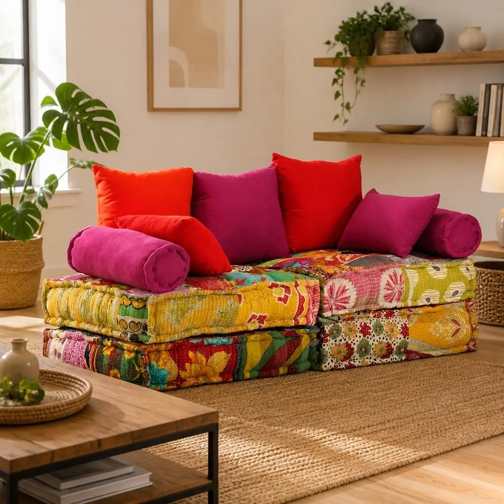 Modular Pouffe Convertible Sofa Bed 2 Seater Patchwork Multicolour