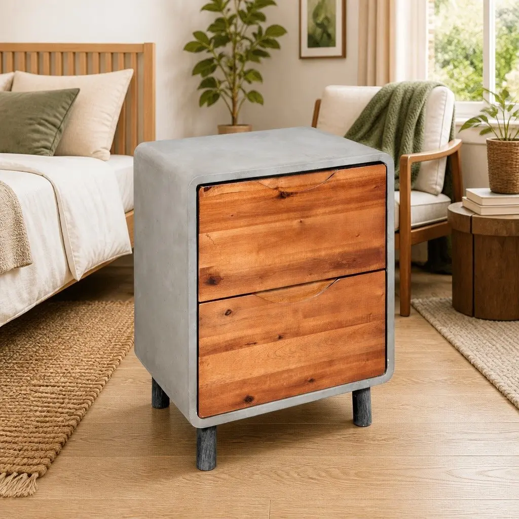Bedside Table Nightstand Concrete Frame Industrial Storage Drawers Grey