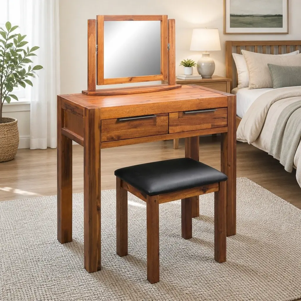 Acacia Wood Dressing Table and Stool Set