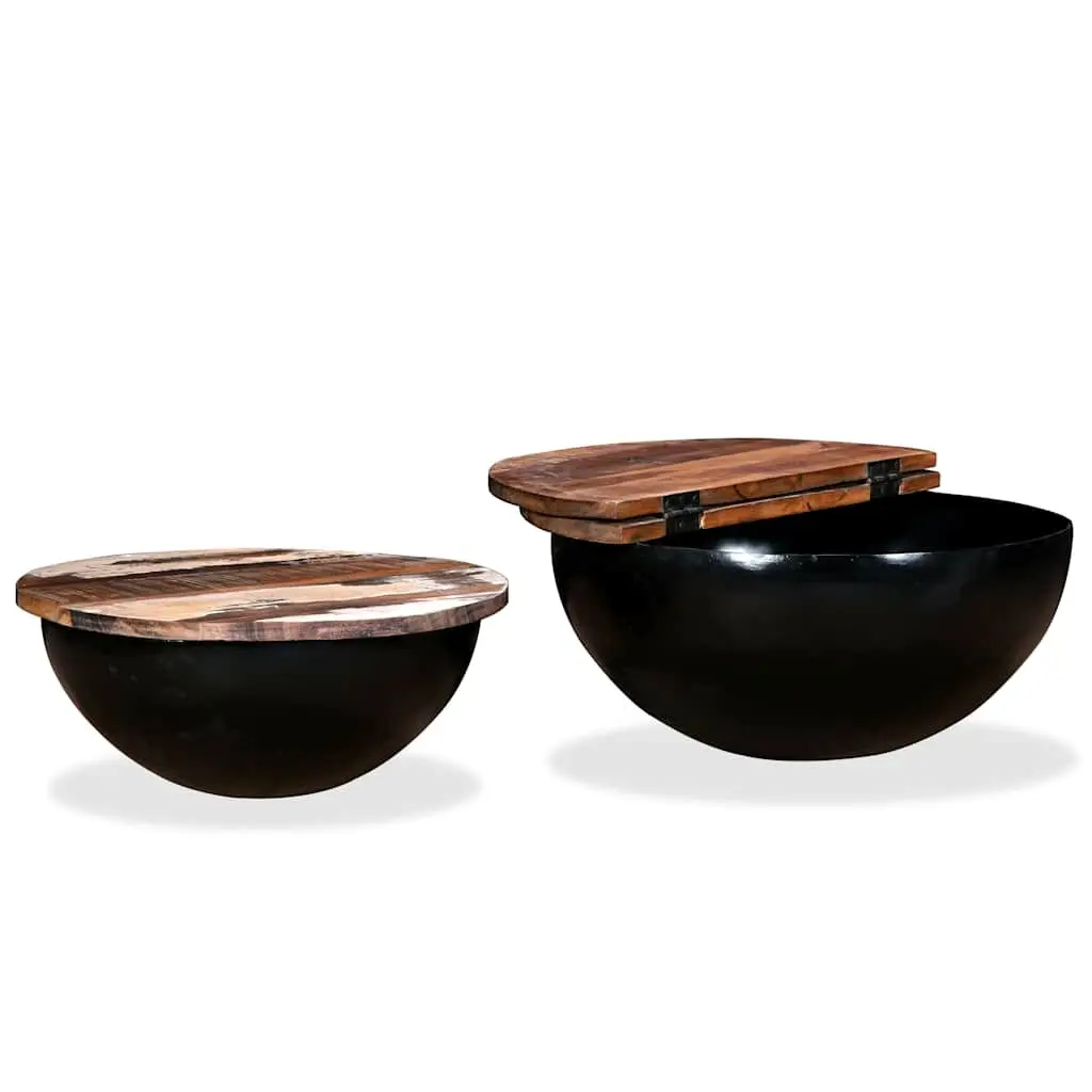 Coffee Table Set 2 Pieces Solid Reclaimed Wood Bowl Shape Black Industrial