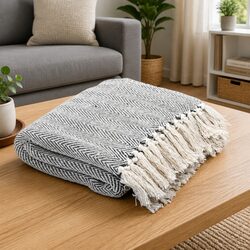 Cotton Throw Blanket Herringbone Grey 160x210 cm Soft Plaid Sofa Bed Chair