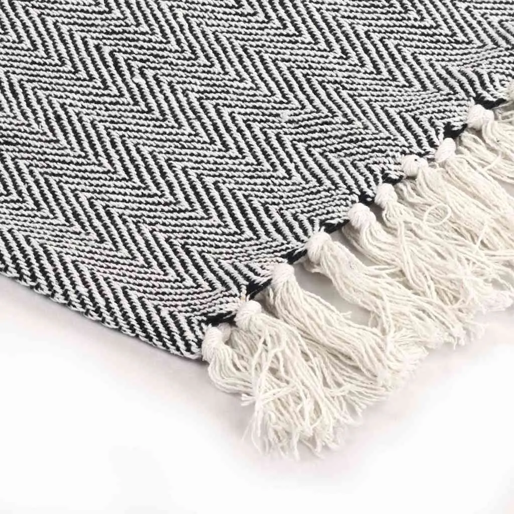 Cotton Throw Blanket Herringbone Plaid 125x150cm Navy Blue Tassel Design