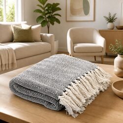 Comfortable Navy Blue Cotton Herringbone Blanket, Practical Size 160x210cm