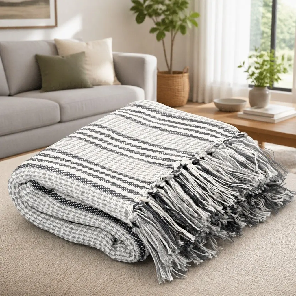 Cotton Throw Blanket Soft Plaid 125x150 cm Grey White Stripes Tassels