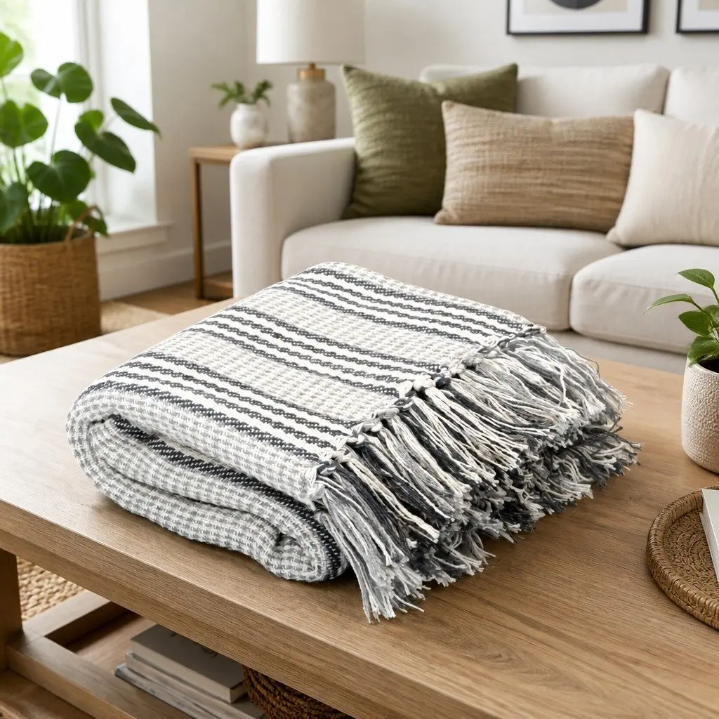 Cotton Throw Blanket Striped 220x250 cm Grey White Soft Plaid Tassel