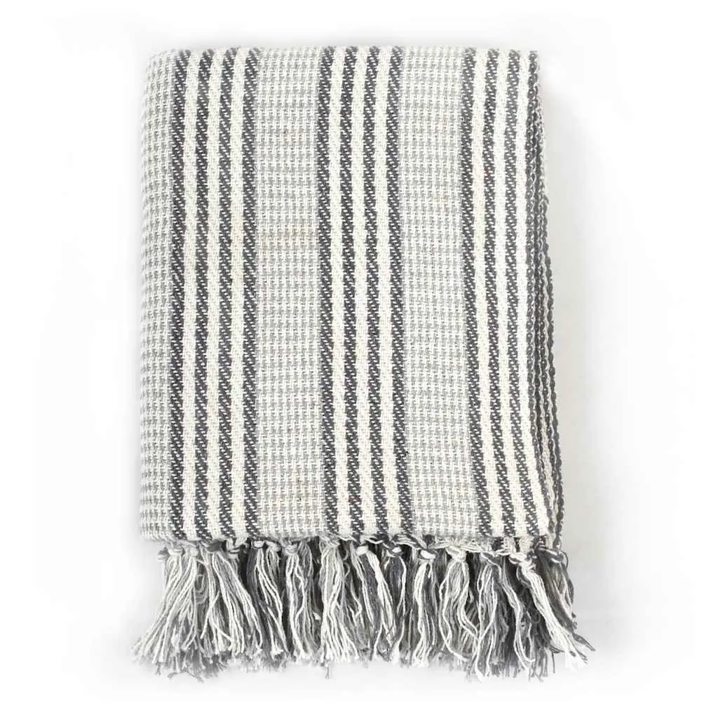 Cotton Throw Blanket Striped 220x250 cm Grey White Soft Plaid Tassel