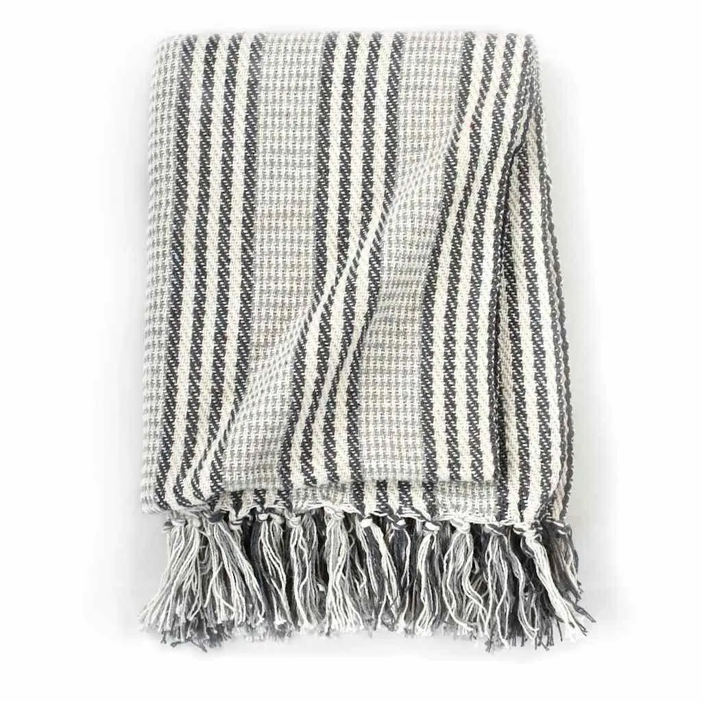 Cotton Throw Blanket Striped 220x250 cm Grey White Soft Plaid Tassel