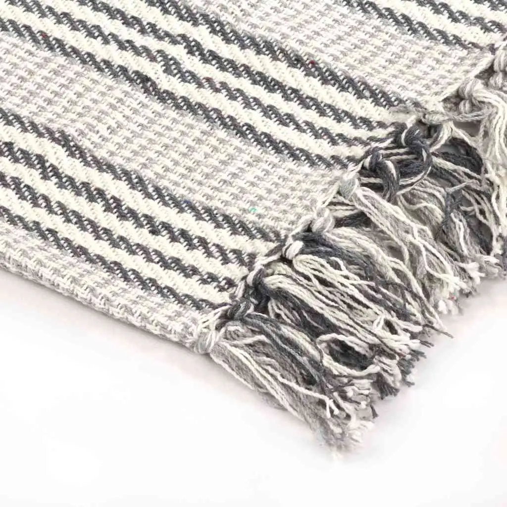 Cotton Throw Blanket Striped 220x250 cm Grey White Soft Plaid Tassel