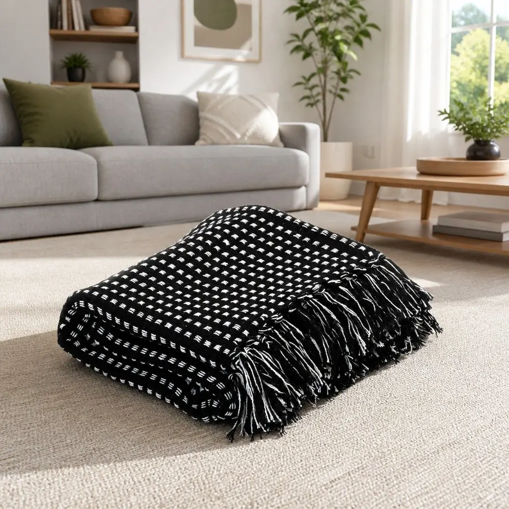 Cotton Throw Blanket Plaid 160x210 cm Black Soft Tassels Drape Sofa Bed Chair
