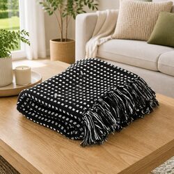 Soft Cotton Throw Blanket with Tassels, Black Plaid Design