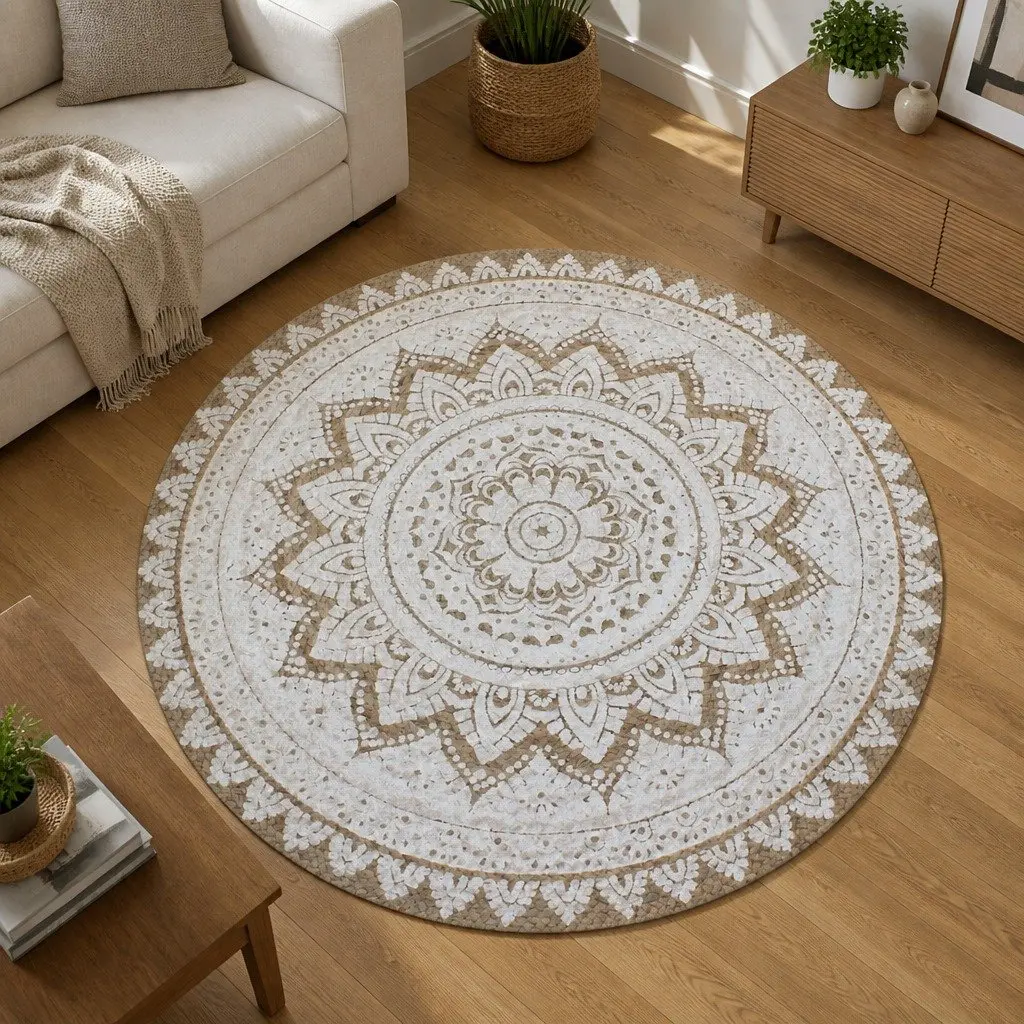 Round Area Rug Mandala Print 90cm Beige Jute Home Decor
