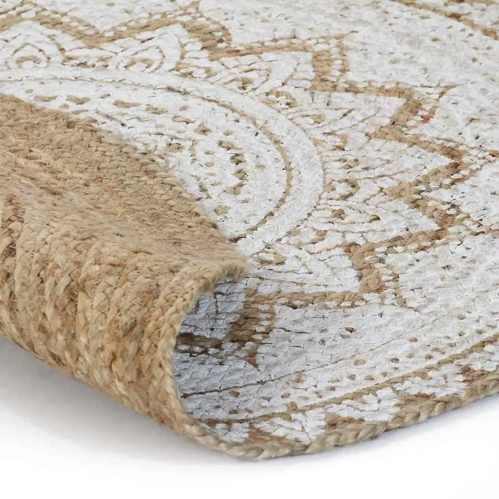 Round Area Rug Mandala Print 90cm Beige Jute Home Decor
