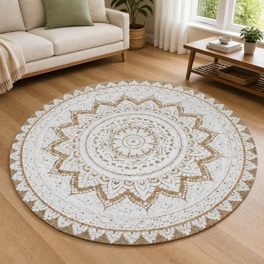 Round Area Rug Mandala Print 120cm Beige