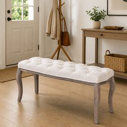 Padded Storage Bench Cream White Solid Wood Frame Entryway Bedroom Furniture