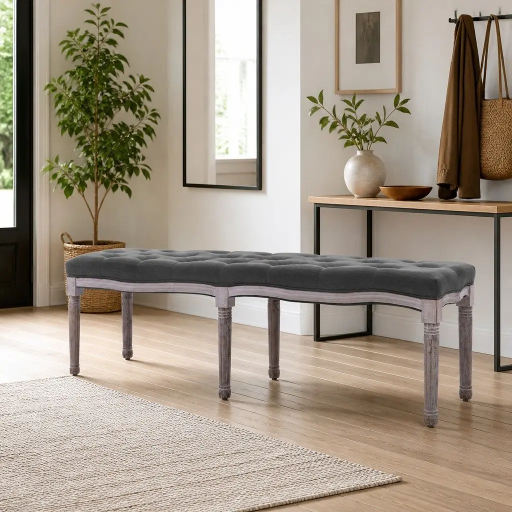 Padded Storage Bench Grey Linen Upholstered Entryway Seating Solid Wood Frame