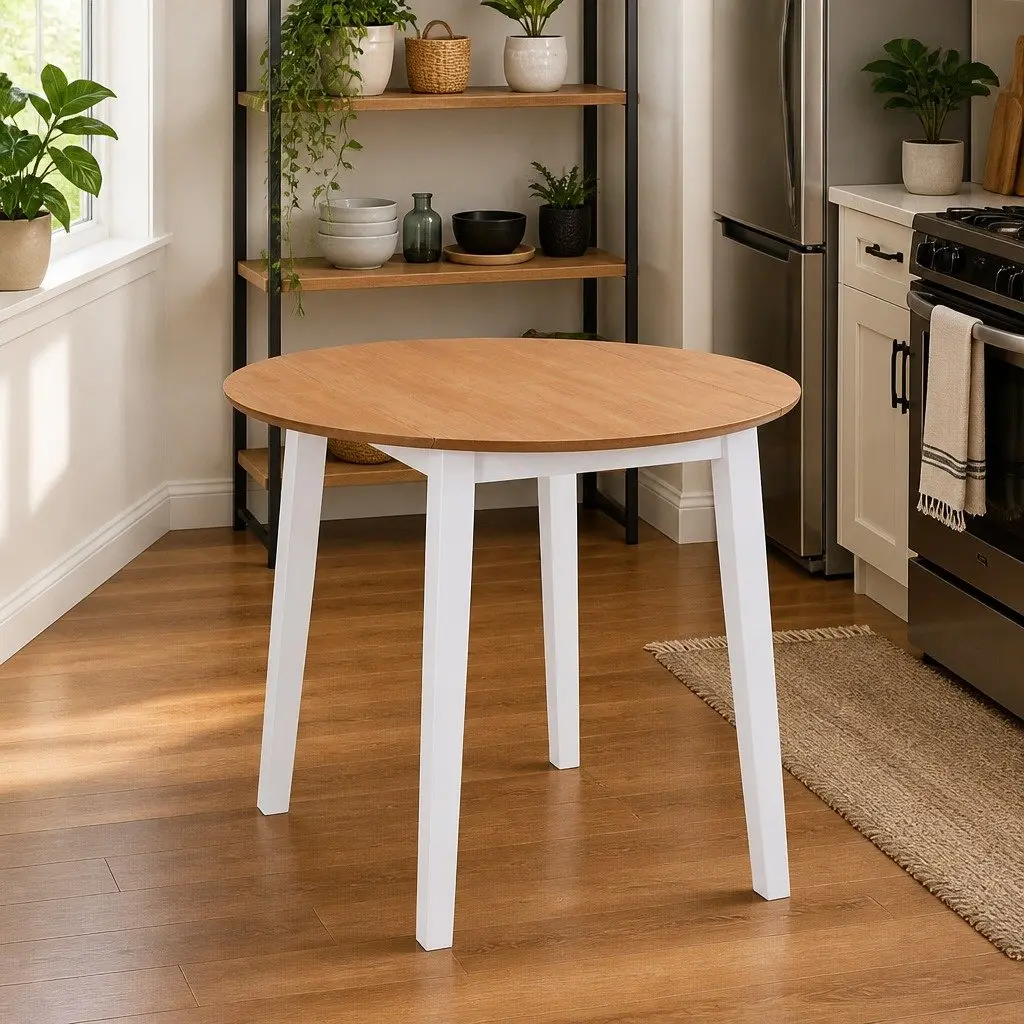 Round Drop-Leaf Dining Table Kitchen Compact Space-Saving MDF White Design