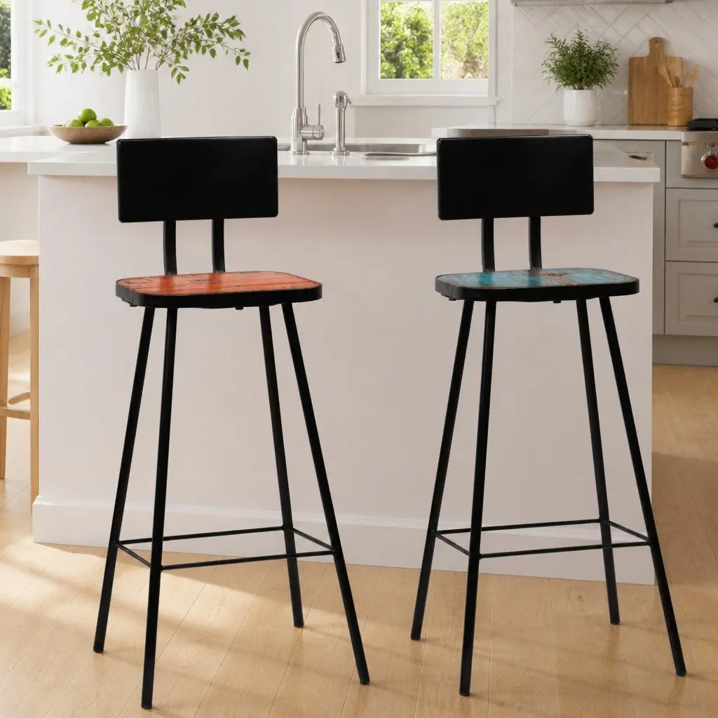 Bar Stools Industrial Kitchen Counter Chairs Reclaimed Wood Brown 2 Piece