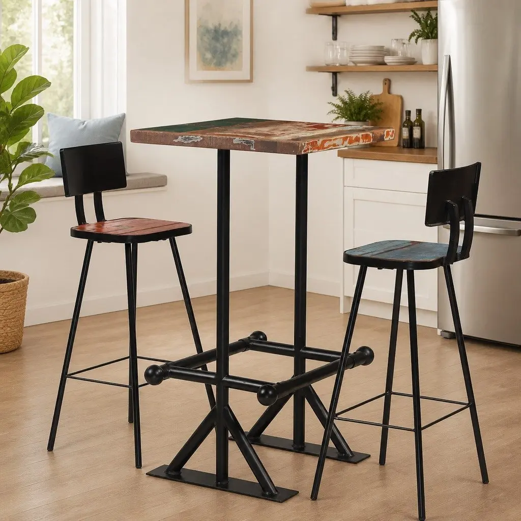 Bar Set 3 Piece Reclaimed Wood Table Chairs Industrial Retro Multicolour