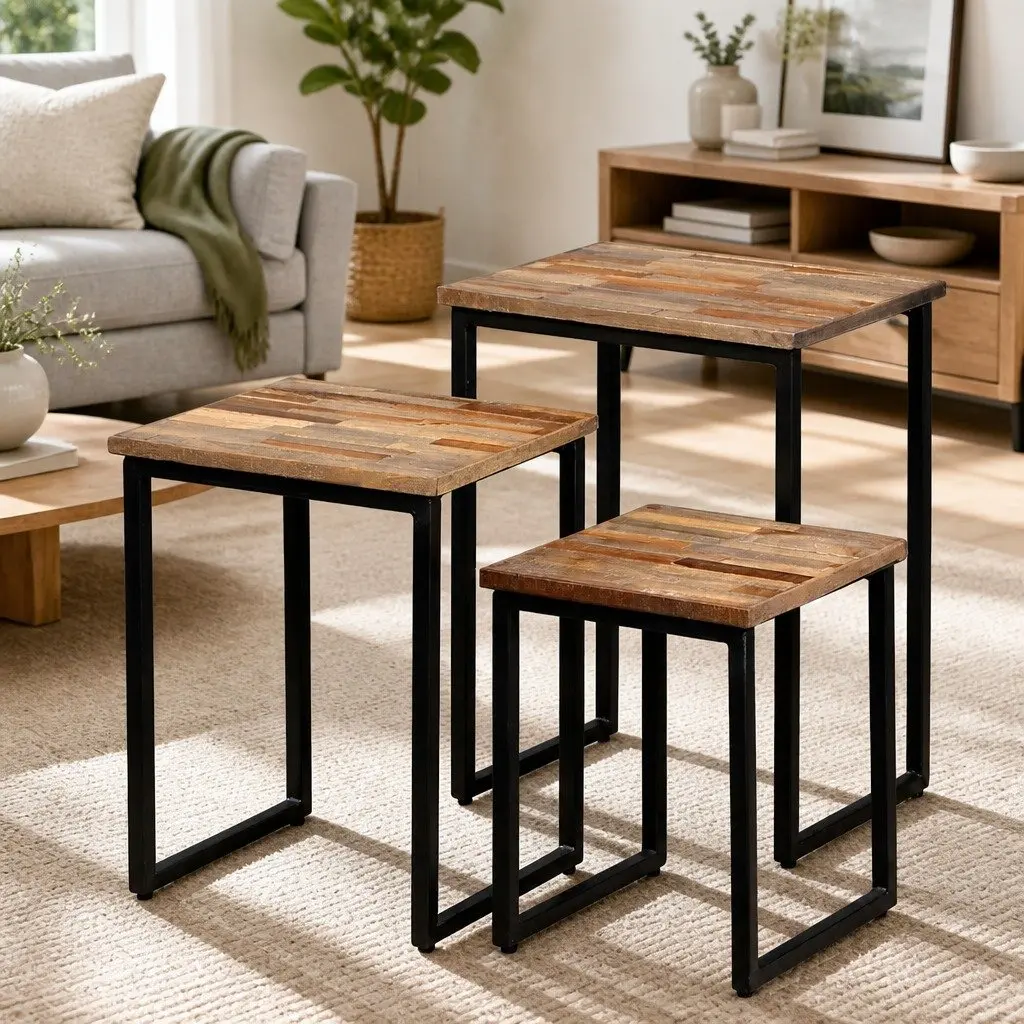 3 Piece Nesting Coffee Table Set Industrial Style Brown Reclaimed Teak