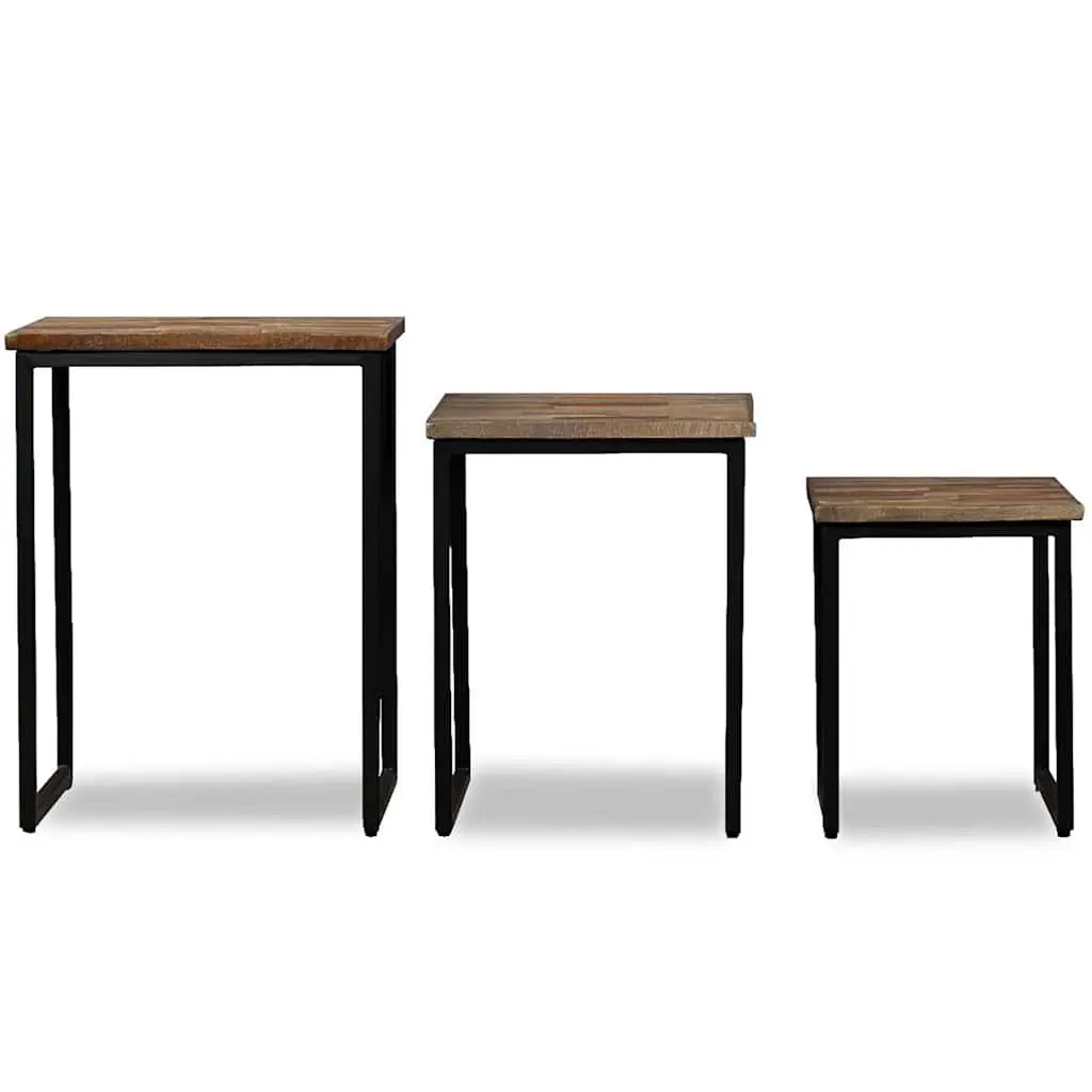3 Piece Nesting Coffee Table Set Industrial Style Brown Reclaimed Teak
