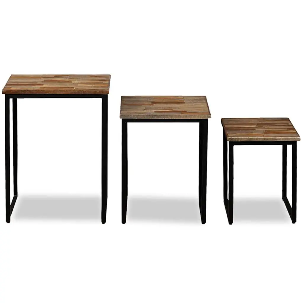 3 Piece Nesting Coffee Table Set Industrial Style Brown Reclaimed Teak