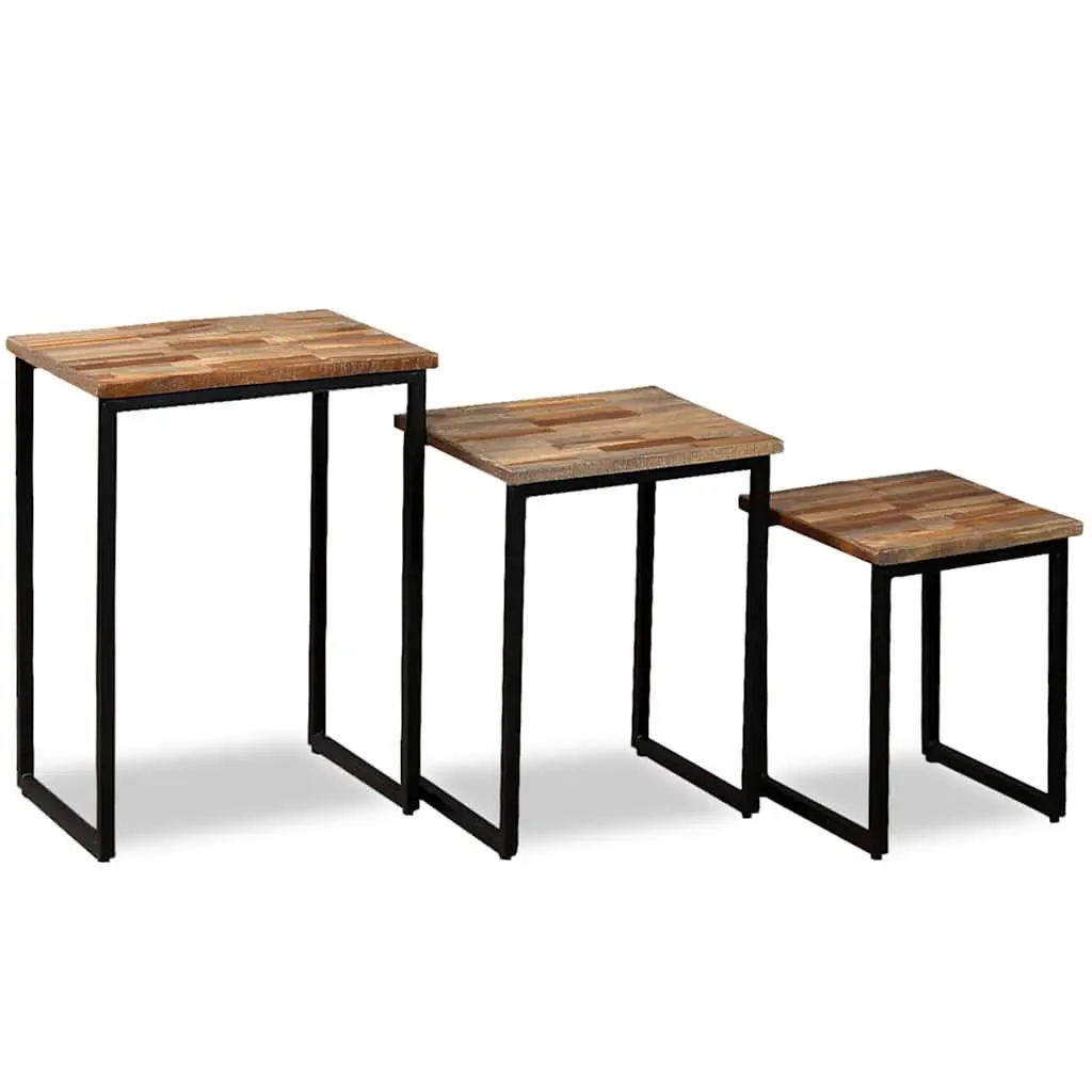 3 Piece Nesting Coffee Table Set Industrial Style Brown Reclaimed Teak