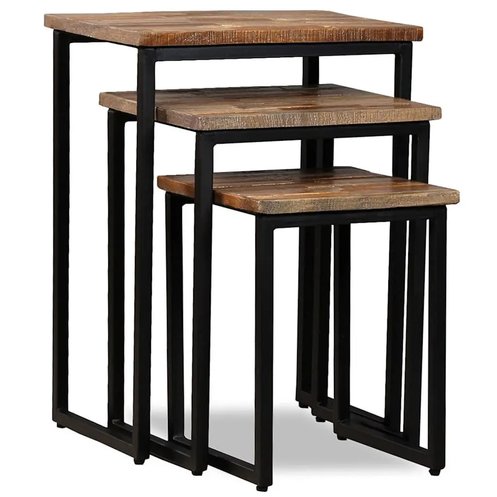 3 Piece Nesting Coffee Table Set Industrial Style Brown Reclaimed Teak