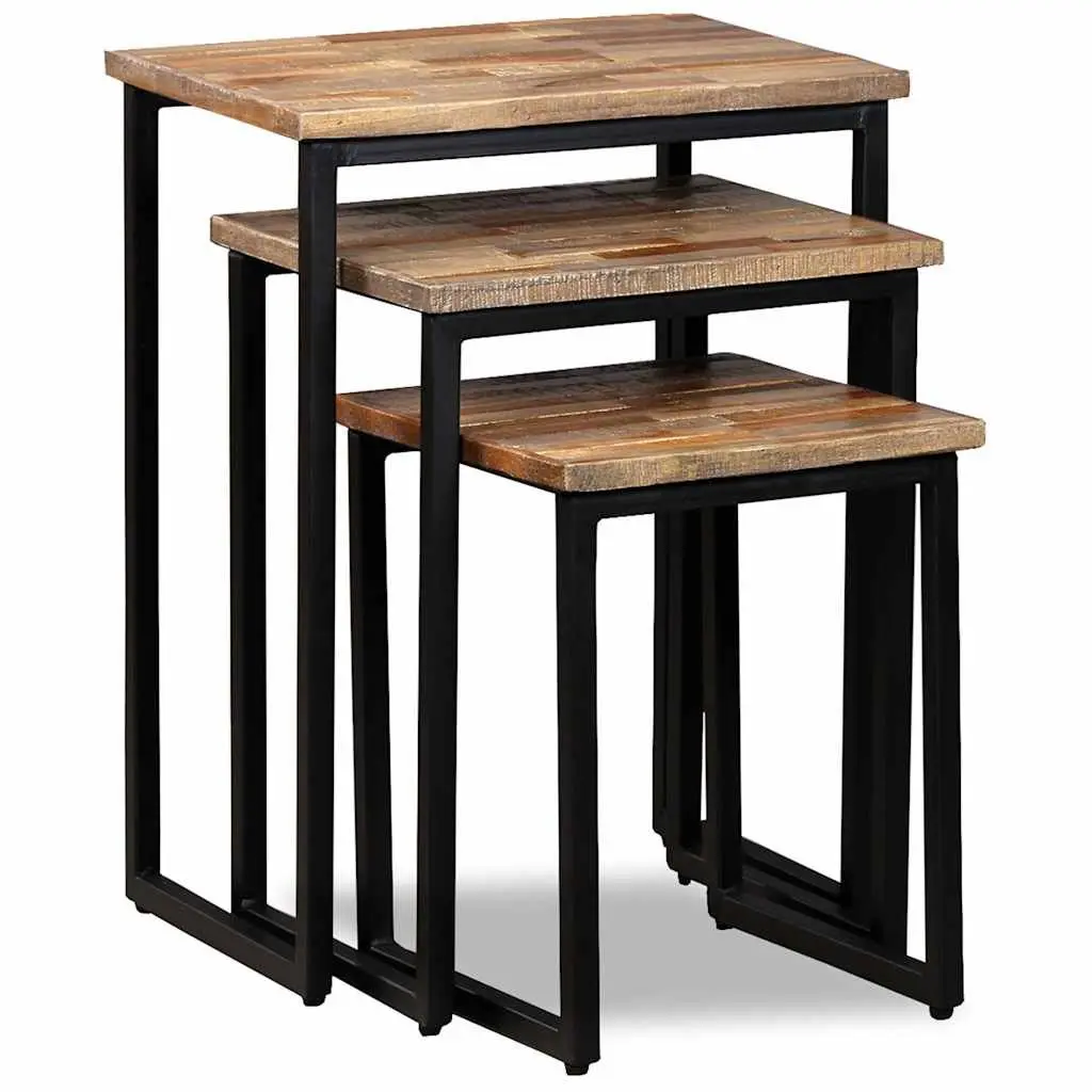 3 Piece Nesting Coffee Table Set Industrial Style Brown Reclaimed Teak