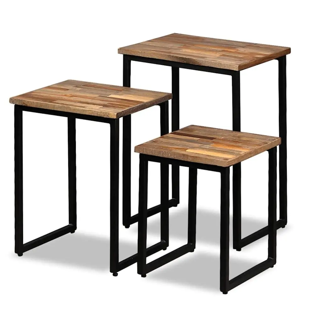 3 Piece Nesting Coffee Table Set Industrial Style Brown Reclaimed Teak