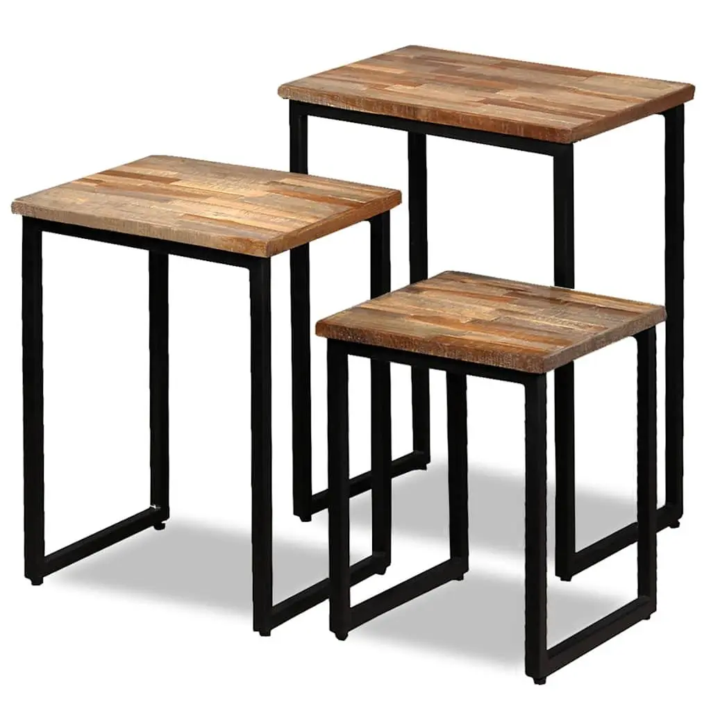 3 Piece Nesting Coffee Table Set Industrial Style Brown Reclaimed Teak