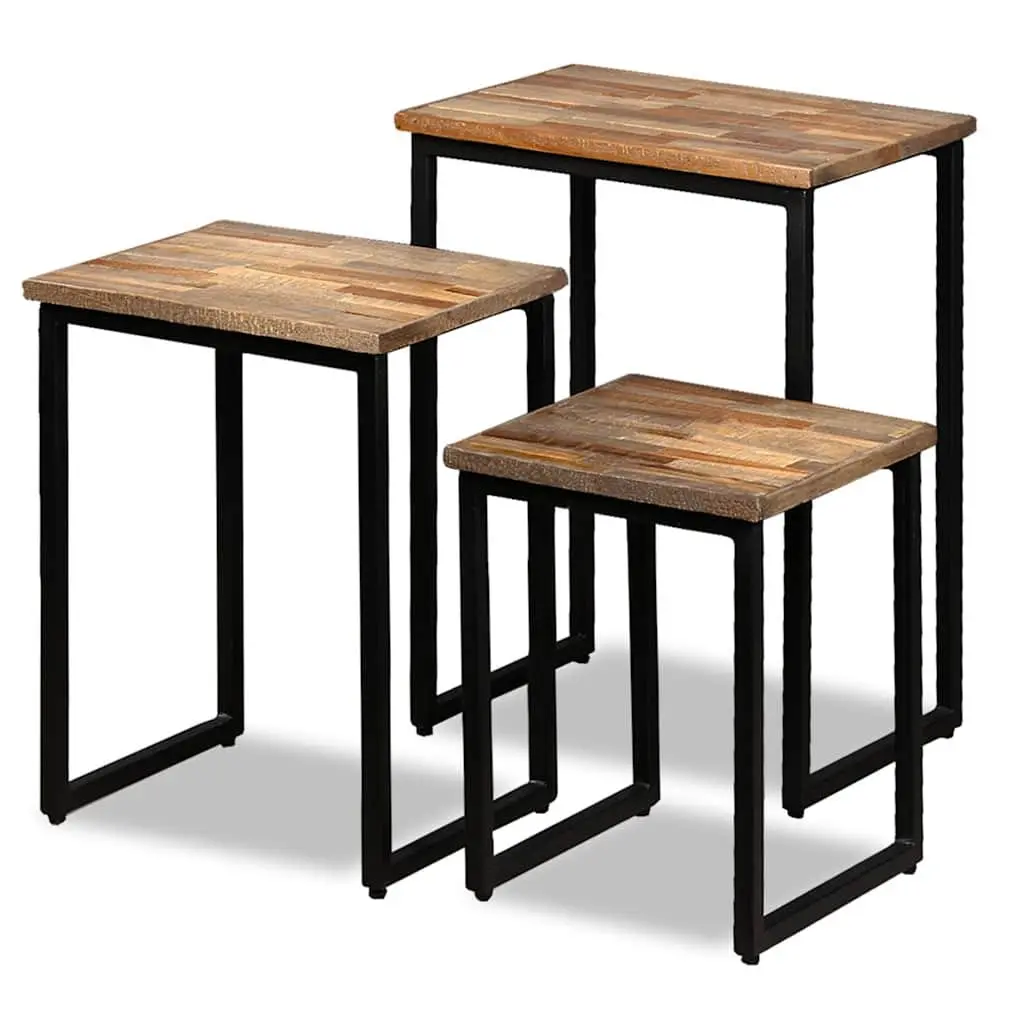 3 Piece Nesting Coffee Table Set Industrial Style Brown Reclaimed Teak