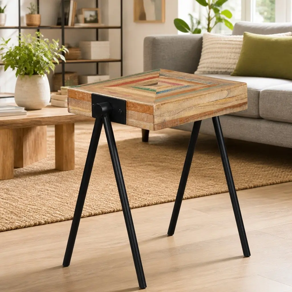 End Table Reclaimed Solid Wood Industrial Steel Legs Living Room Multicolour