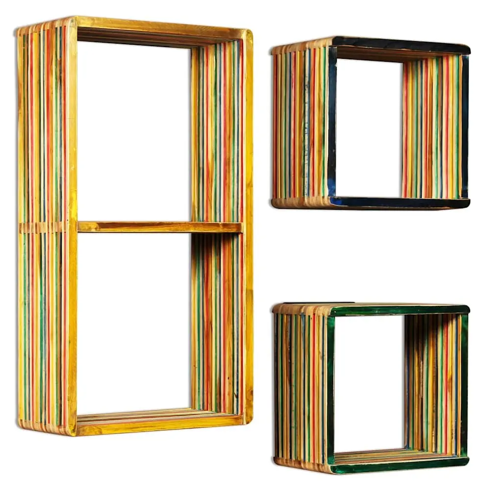 Wall Shelf Set 3 pcs Multicolour Reclaimed Teak Storage Display Shelves