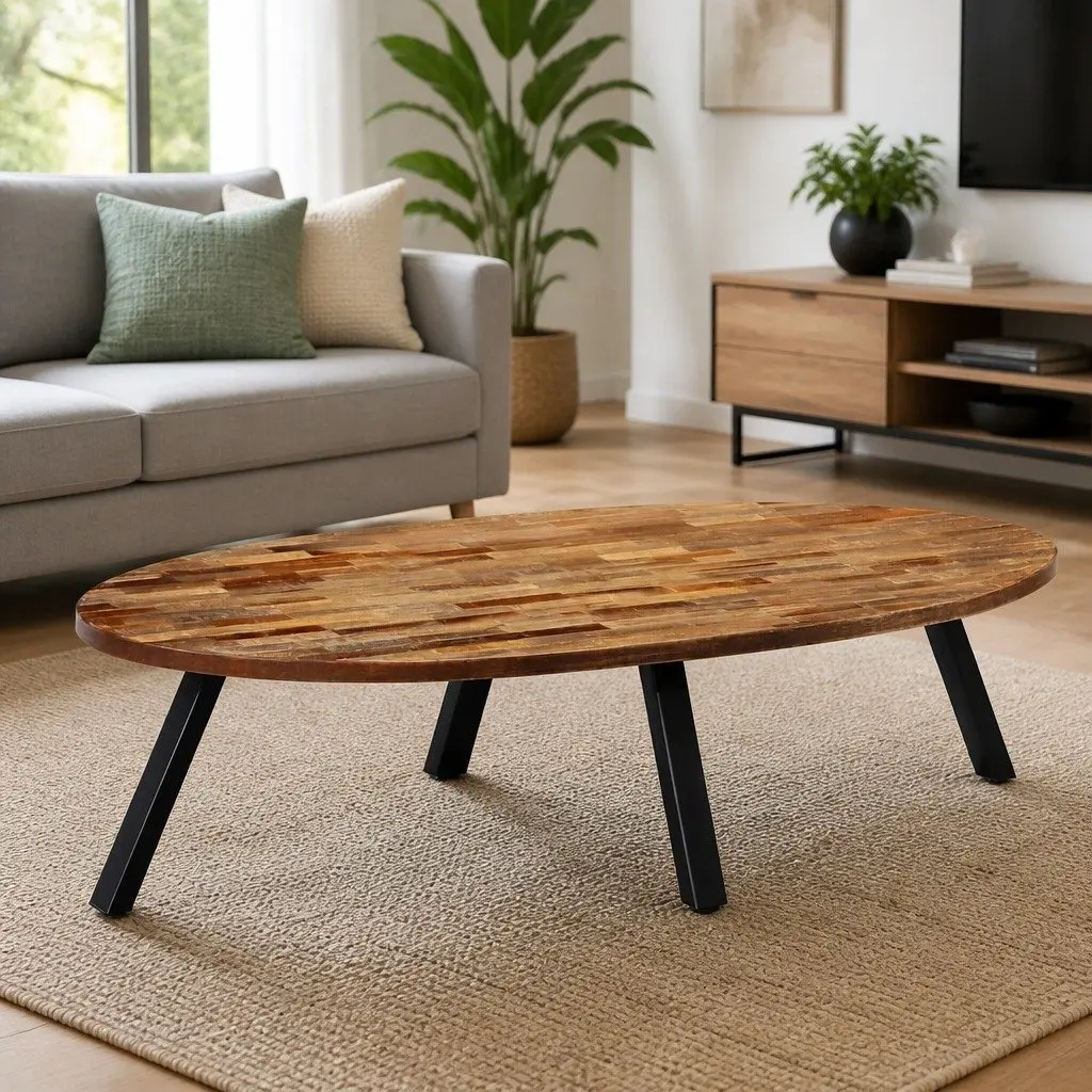 Oval Coffee Table Reclaimed Teak Solid Wooden Living Room Accent Furniture 120 x 60 x 30 cm Brown