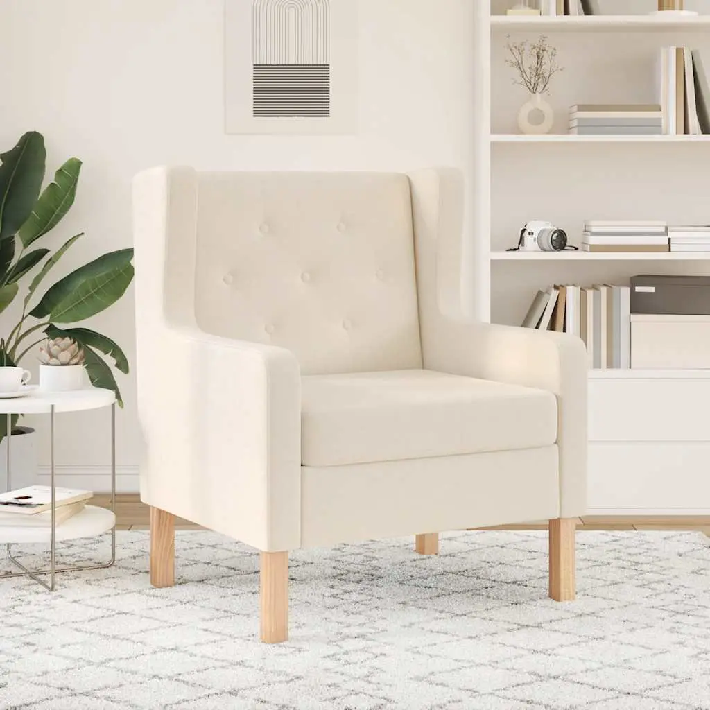 Armchair White Fabric Padded Foam Upholstered Wooden Frame Living Room Seating