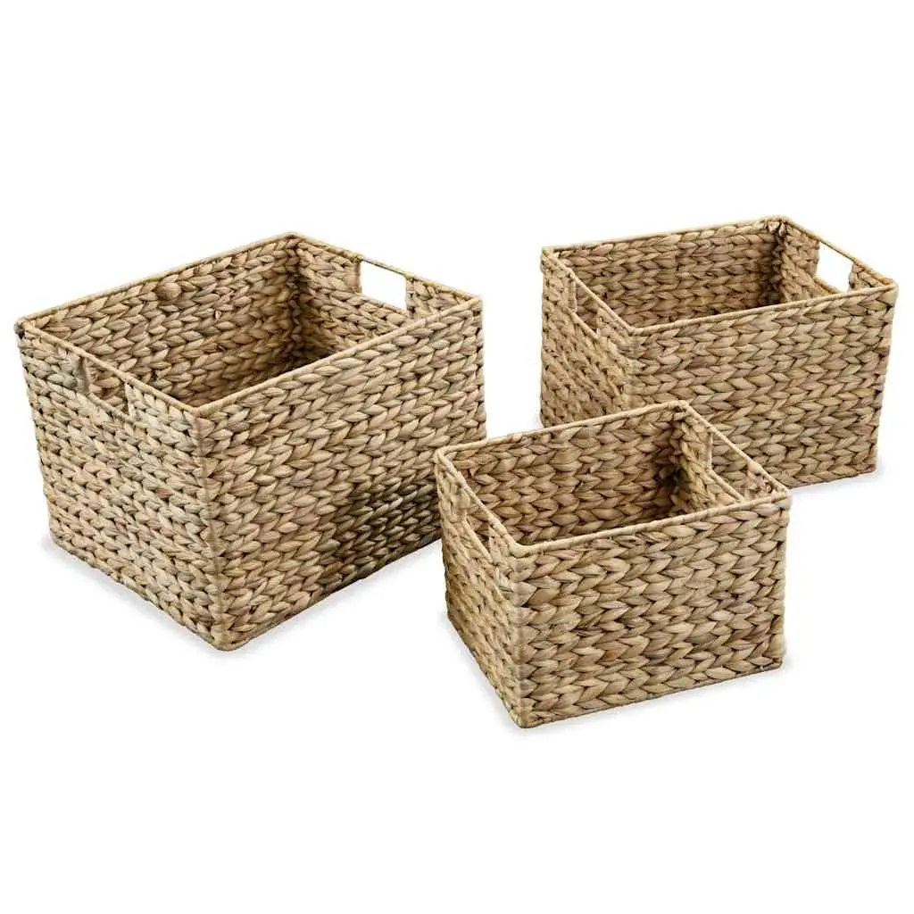 Storage Basket Set 3 Pieces Woven Household Organizer Brown Water Hyacinth