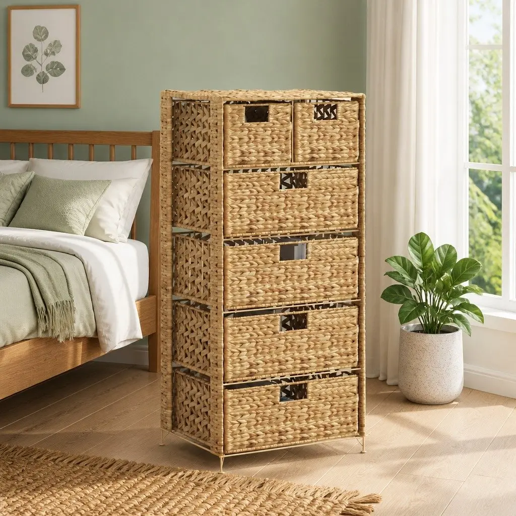 Storage Cabinet Organizer 6 Drawers Brown Water Hyacinth Metal Frame