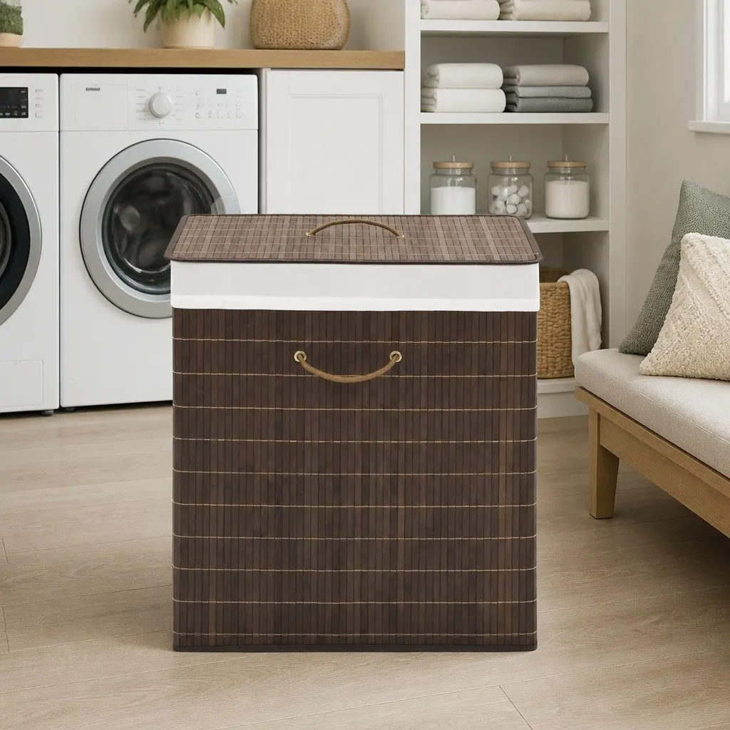 Bamboo Hamper Rectangular Laundry Bin Brown with Removable Liner and Handles for Organizing Dirty Laundry