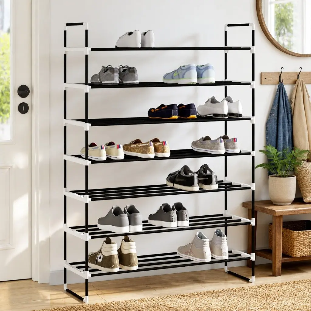 Shoe Rack Organiser 7 Shelves Metal Frame Black Lightweight Sturdy