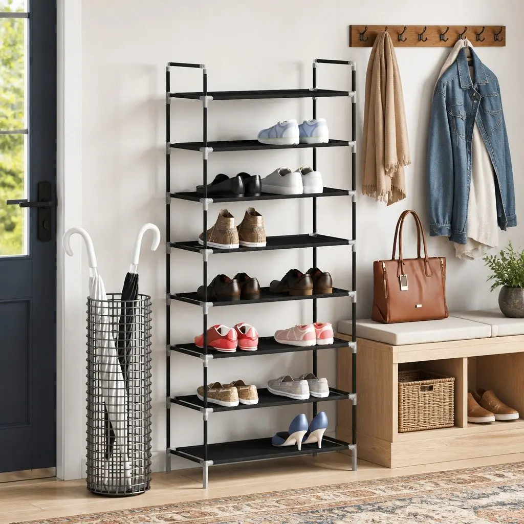 Shoe Rack Storage Organiser 8 Shelves Metal Frame Non-woven Fabric Black