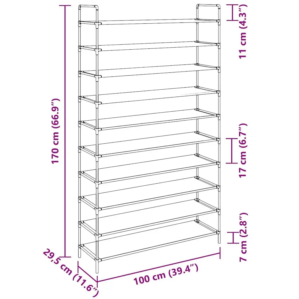 Shoe Storage Rack Black Metal Frame 10 Shelf Non-woven Fabric Organiser